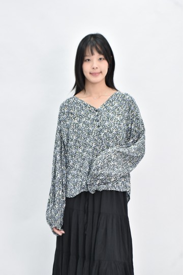(L) uniqlo 碎花排扣藍色長袖上衣
