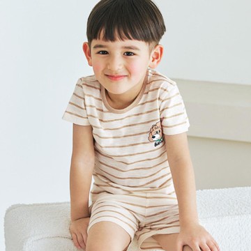 韓國 Maykids - 輕薄細柔棉短袖家居服-條紋狗狗-杏