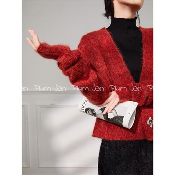 Plum Jan/本命年紅色v領毛衣開衫女春秋慵懶別致絕美軟糯新年上衣