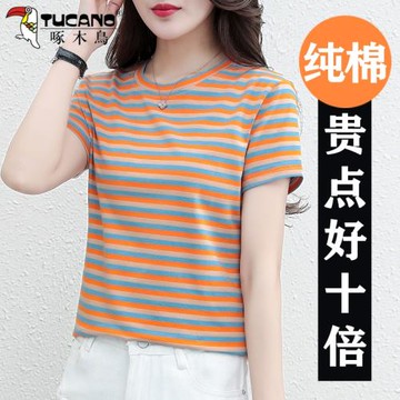 啄木鳥條紋純棉T恤女夏季2026新款中年媽媽40歲短袖薄款圓領上衣