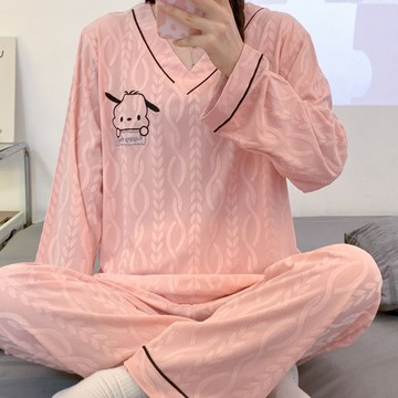 春秋季睡衣 女長袖V領甜美加肥胖 特大碼寬松外出家居服套裝【不二雜貨】