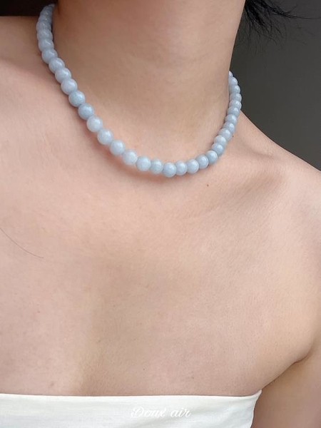 天然玉髓巴洛克珍珠項鍊淺藍色純銀OT扣鎖骨鍊女彩色復古時尚設計