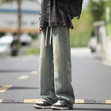 【HOT 本舖】男装潮牌牛仔褲男士2025秋季新款美式寬鬆復古三條杆直筒闊腿長褲子