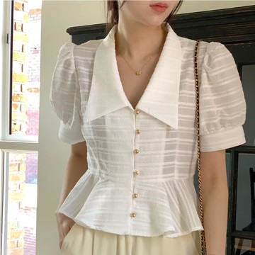 韓國女裝連線 - 高雅公主風格金釦襯衫-白 (FREE)