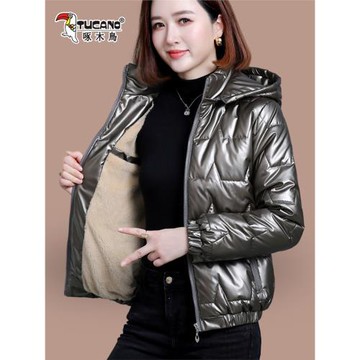啄木鳥亮面加絨羽絨棉衣女2025新款時尚洋氣寬松加厚棉服外套棉襖