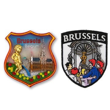 造型布貼＋磁鐵【2件組】 比利時布鲁塞爾盾形造型磁鐵＋尿尿小童燙布貼 打卡地標 地標磁鐵 冰箱磁鐵 旅遊磁鐵_廠商直送