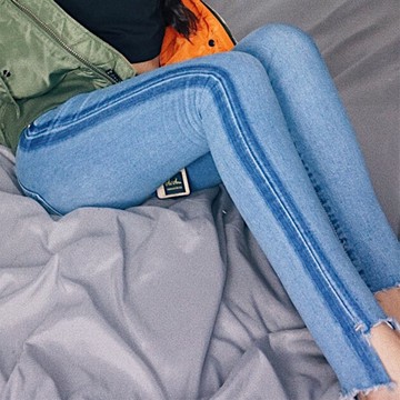 FINDSENSE G6 韓國時尚  包臀窄管褲修身九分褲牛仔褲高腰側條紋拼接鉛筆褲女褲