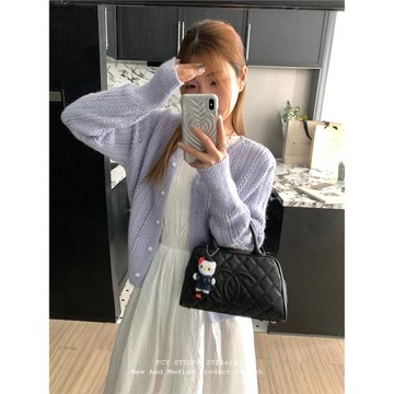 FCY studio紫色鏤空毛衣外套女2026春夏溫柔風氣質馬海毛針織上衣