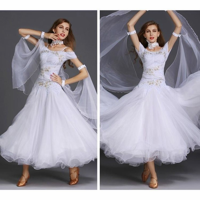 白いシフォンの社交ダンスドレス 白いシフォンの社交ダンスドレス 社交ダンス衣装 ダンスドレス ラテン