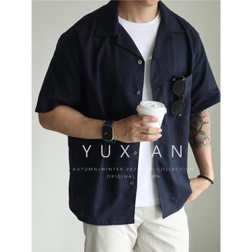 (免運)YUXIAN亞麻棉混紡古巴領短袖襯衫男士春夏翻領寬松開衫外穿內搭