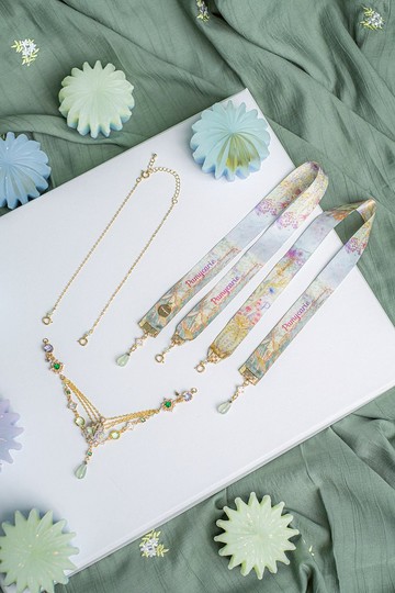 植物皇宮寶石印花絲帶S925鍍金項鏈 (三用)