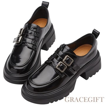 【Grace Gift】復古圓頭雙釦帶厚底樂福鞋 黑