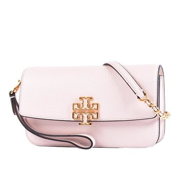 TORY BURCH 荔枝紋編織鍊帶翻蓋手拿/斜背二用WOC包-嫩粉