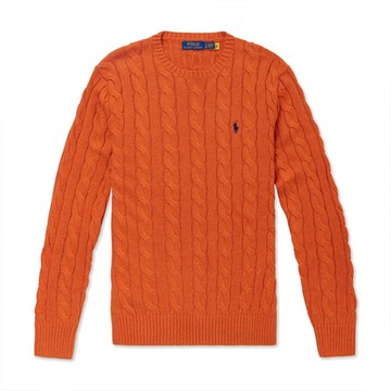 Polo Ralph Lauren RL 熱銷圓領刺繡小馬麻花毛衣-橘色