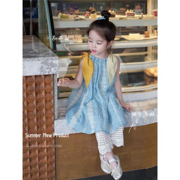 AnnieGirl洋氣兒童夏裝海邊度假吊帶裙女童蕾絲闊腿褲套裝兩件套