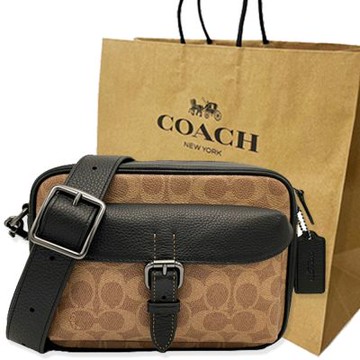 COACH 經典C LOGO釦環中性男款郵差包/斜背包附紙袋(焦糖/黑)