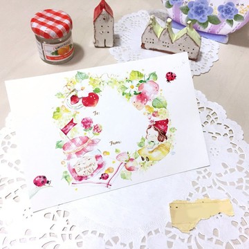 水彩明信片/心意卡【草莓花環】