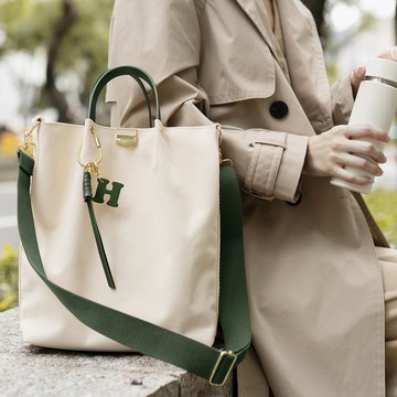 【免費刻字燙金】Lab皮革帆布長托特/米+綠(筆電、A4可放)