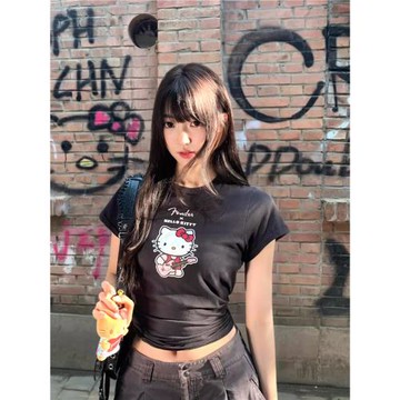 韓國ins小眾吉他手Kitty印花正肩短款修身顯瘦純棉高彈短袖T恤女