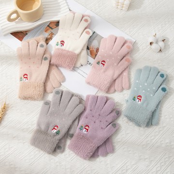 新品上市 手套冬季女 雪人刺繡 可愛韓版 加絨加厚 保暖防寒 毛絨針織 觸屏手套批1015 7CTD