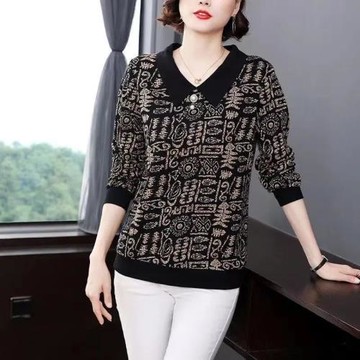 中年女長袖氣質上衣寬松顯瘦純棉翻領小衫娃娃領印花T恤打底衫秋