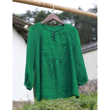 昔語自制夏新品翠綠色高支亞麻前片分割圓領小衫  C554