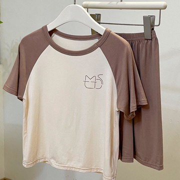 親子透氣涼爽短袖家居服套裝/空調服-拼袖咖