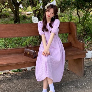 初戀云朵連衣裙女2025夏季紫色甜美少女溫柔小白裙法式褶皺長裙子