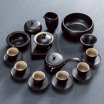 側把黑陶茶具套裝家用現代簡約辦公功夫茶具茶壺蓋碗茶杯禮盒包裝