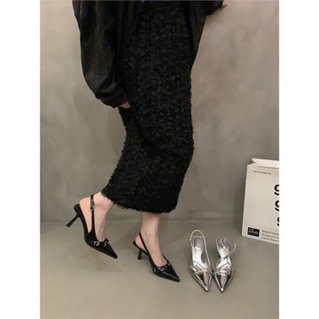 高級感小眾尖頭高跟鞋銀色涼鞋女鞋子夏季款包頭涼拖鞋配裙子單鞋