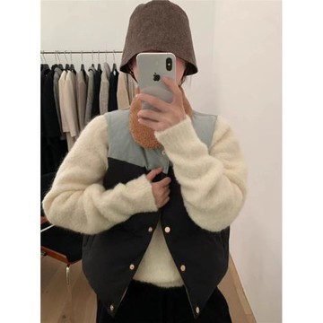韓系設計感別致獨特毛領撞色馬甲女秋冬小眾疊穿翻領坎肩棉服外套