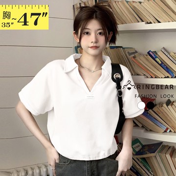 韓系簡約時尚穿搭翻領百搭抽繩V領短袖上衣(白.黑L-3L) 眼圈熊 中大尺碼 U719