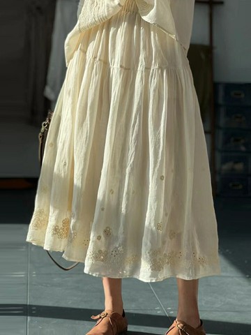 女士半身裙 文藝通勤苧麻繡花半身裙女夏季高腰飄逸A字裙寬松休閑亞麻中長裙