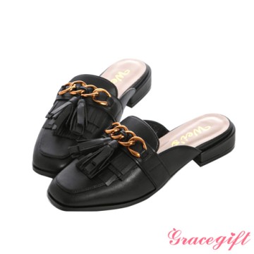 【Grace Gift】唐葳聯名-金屬鍊條流蘇穆勒鞋 黑