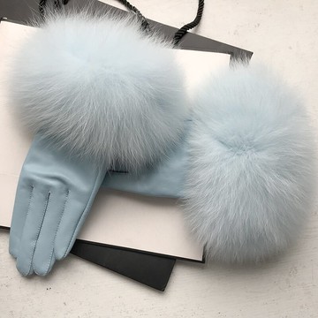 現貨+預購 真皮手套保暖手套-淺藍羊皮狐狸毛加絨女手套74by8【獨家進口】【米蘭精品】