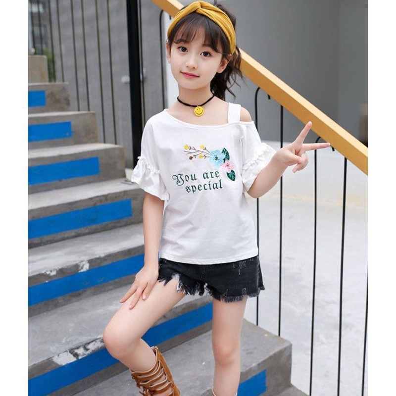 子供服 Tシャツ キッズ 女の子 韓国子供服 綿 半袖 肩出し 丸い