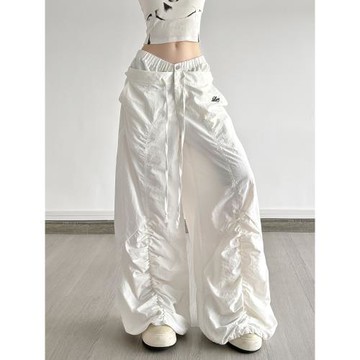 WEEKEEP 街頭白色設計感雙腰頭褶皺休閑褲女低腰寬松闊腿長褲跳舞