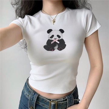 Go Girl Go 自制歐美風熊貓印花正肩T恤女夏短款修身圓領短袖上衣