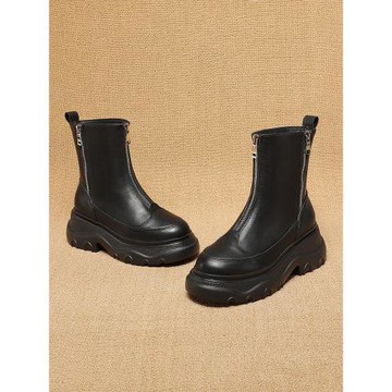 松糕厚底馬丁靴女冬季新款英倫風前拉鏈中筒靴子真皮增高工裝短靴