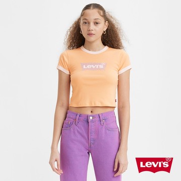 Levis 女款 復古滾邊短版T恤 / 修身版型 / 馬賽克拼貼Logo 杏仁黃