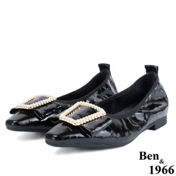 Ben&1966高級頭層牛漆皮經典尖頭珍珠包鞋-黑(226121)