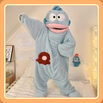 可愛漢頓醜魚  連體睡衣女  珊瑚絨加厚保暖  秋冬卡通搞怪  情侶睡袍長款