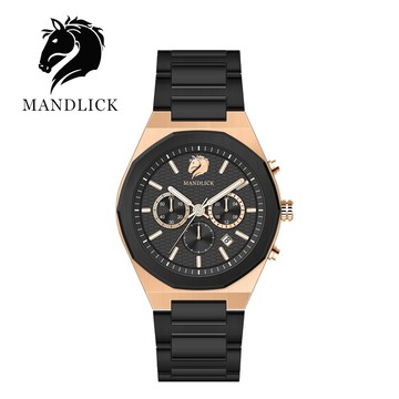 MANDLICK 德國品牌  先鋒系列八角三眼精鋼帶男士腕錶-玫黑