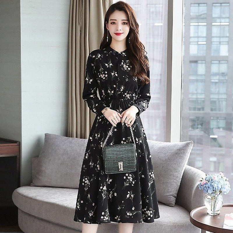 セール クーポン 黒 春夏 シフォン 花柄 ブラウスワンピース 小花柄 ロングワンピース ミモレ 上品 通販 Lineポイント最大0 5 Get Lineショッピング