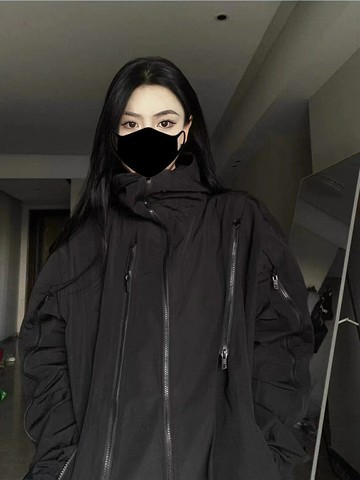 國潮機能風拉鏈連帽沖鋒衣男女同款秋冬新款寬松休閑純色外套情侶