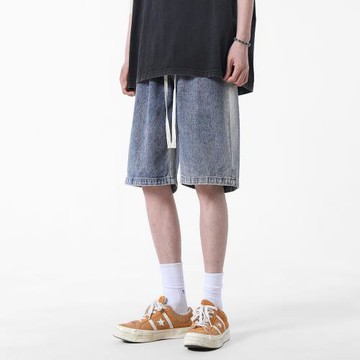 牛仔短褲男夏季五分褲水洗做舊高街褲子ins潮牌復古寬松直筒中褲