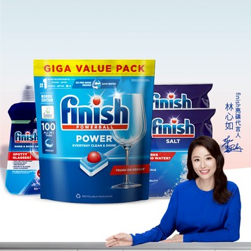 finish亮碟洗碗機全效合一光潔4件組(全效合一洗碗塊100顆+光潔劑400ml+軟水鹽1kg X2)