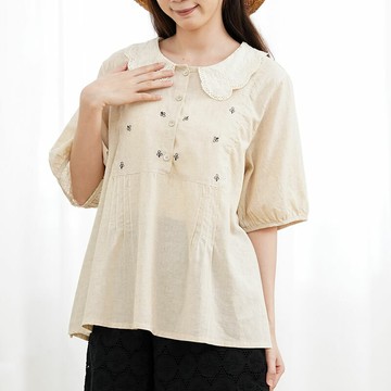 棉麻五分袖半開襟日系上衣597588