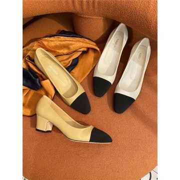 真皮小香風單鞋女2025春款百搭拼色高跟鞋法式粗跟裸色小香鞋女鞋