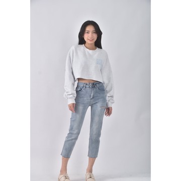 (S) 丹寧牛仔質感破洞藍色長褲二手衣